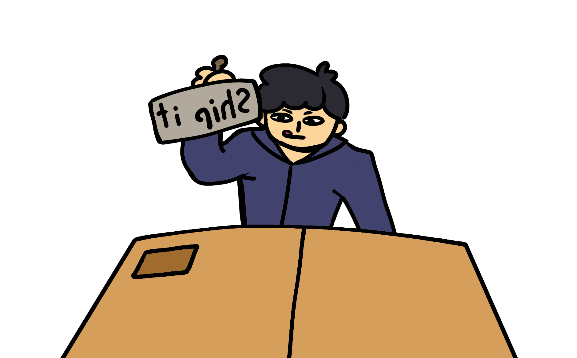 Person at a table holding a 'ship it' sign